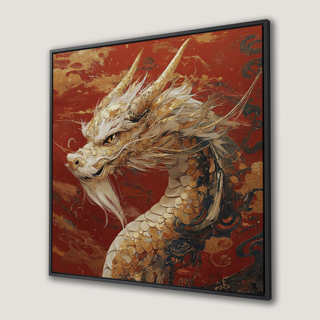 Framed Wall Art featuring a majestic golden dragon against a fiery red background. Stunning artwork in a bold, artistic style. Perfect for any room!