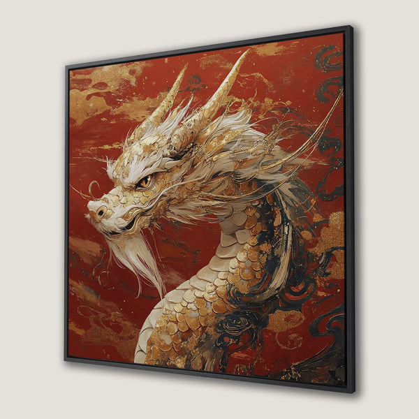 Framed Wall Art featuring a majestic golden dragon against a fiery red background. Stunning artwork in a bold, artistic style. Perfect for any room!