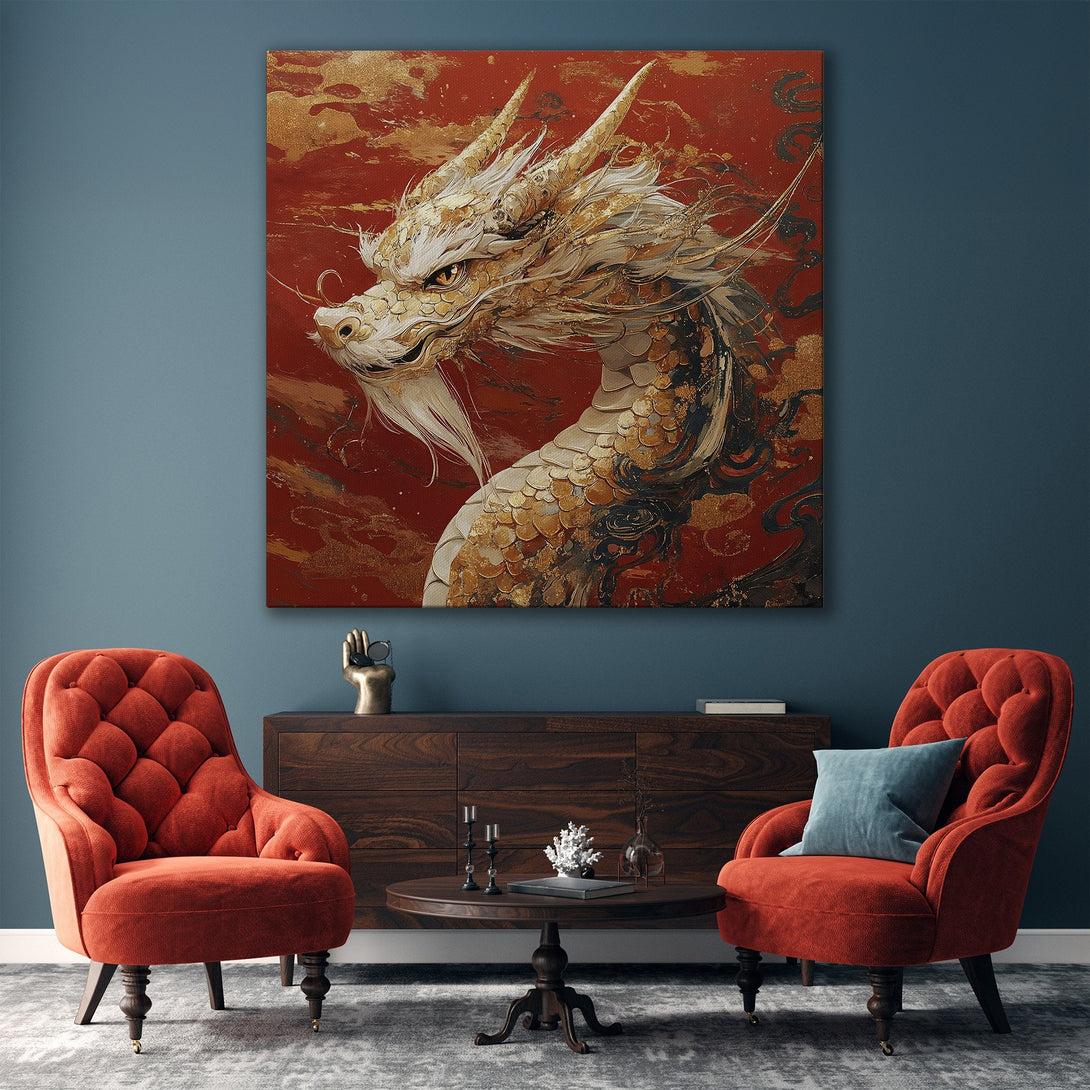 Framed Wall Art: Majestic dragon art print in gold, red, and white. Bring Asian-inspired elegance to your home with this stunning canvas print.