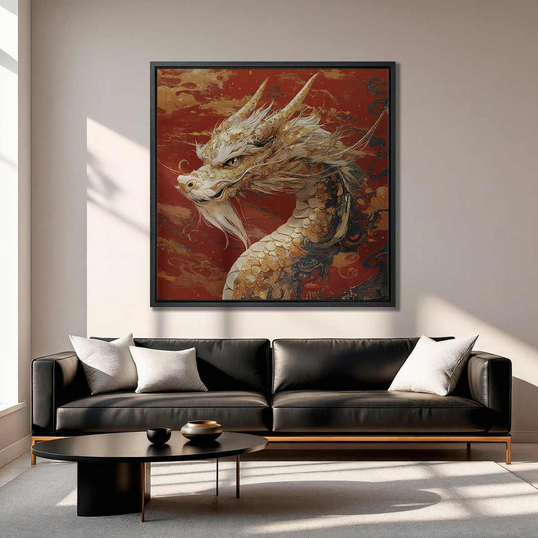 Framed Wall Art: Majestic dragon canvas print in gold, red, and black. Transform your space with this stunning, Asian-inspired artwork. Shop now!