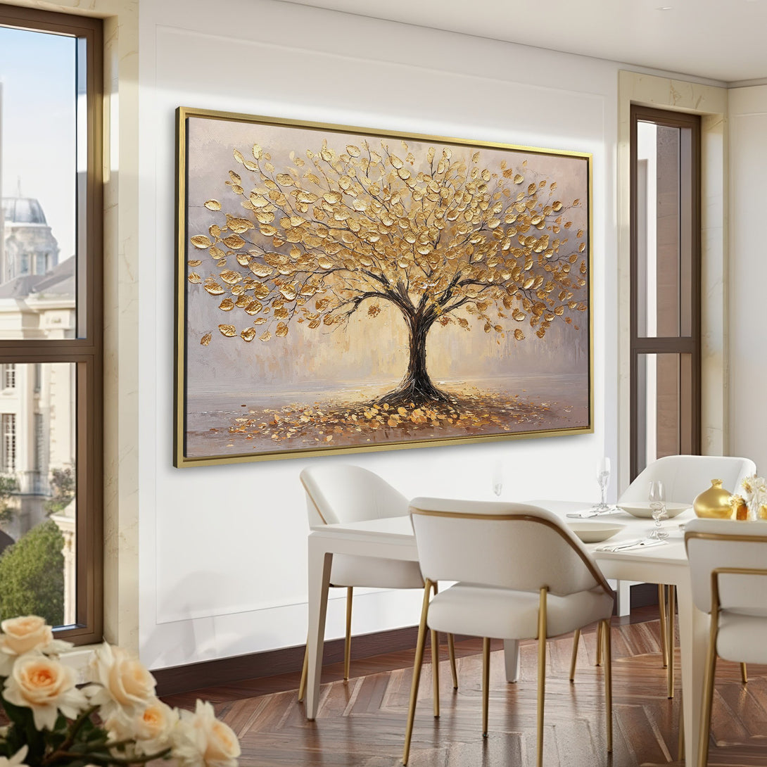 Canvas Print of a golden tree painting in a luxurious interior. Features a brown and gold color palette, perfect for adding elegance to any space.