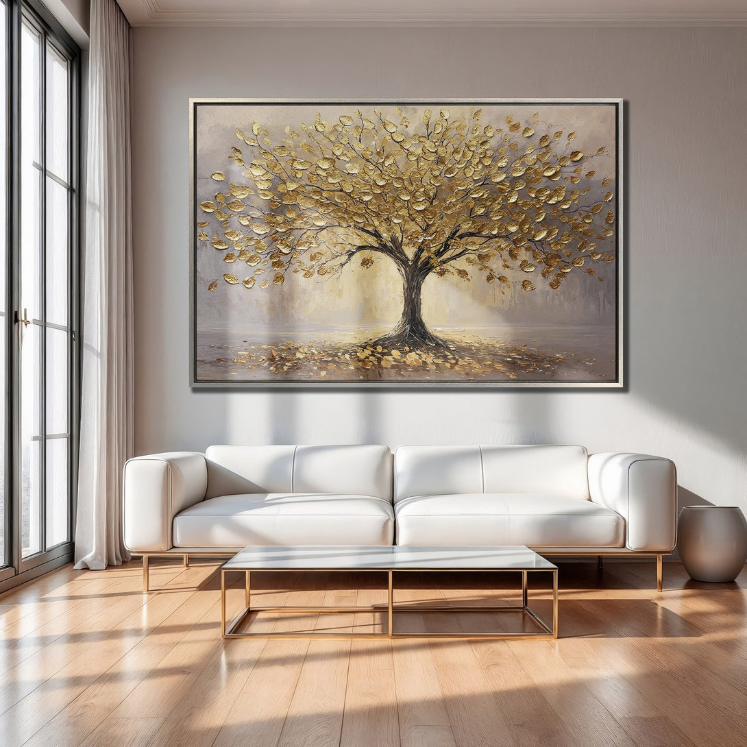 Framed Wall Art: Stunning gold leaf tree canvas print in a modern living room, featuring a neutral color palette for elegant home decor.