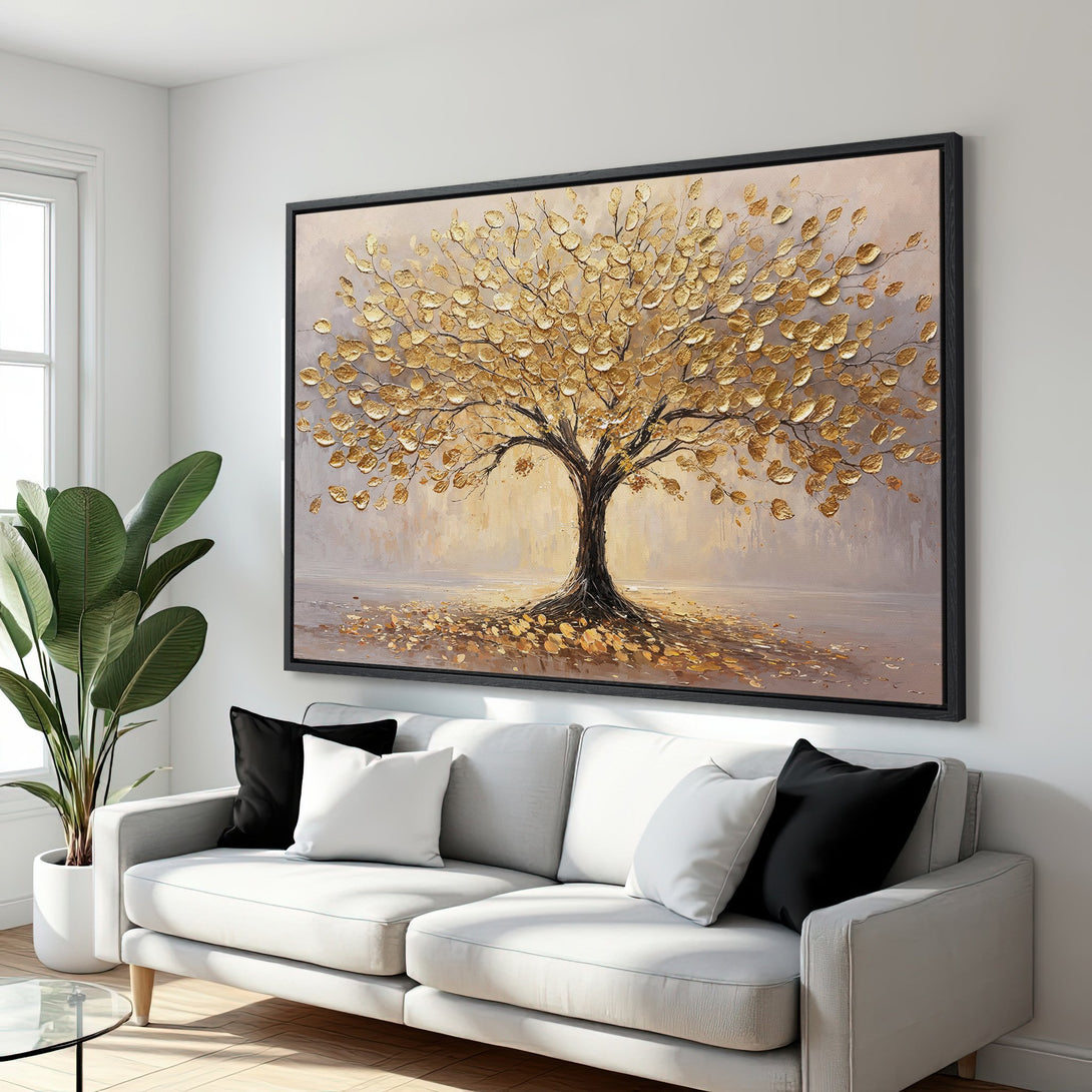 Framed Wall Art: Golden tree canvas print. Modern art with gold and neutral tones, perfect for living room decor. Elevate your space today!