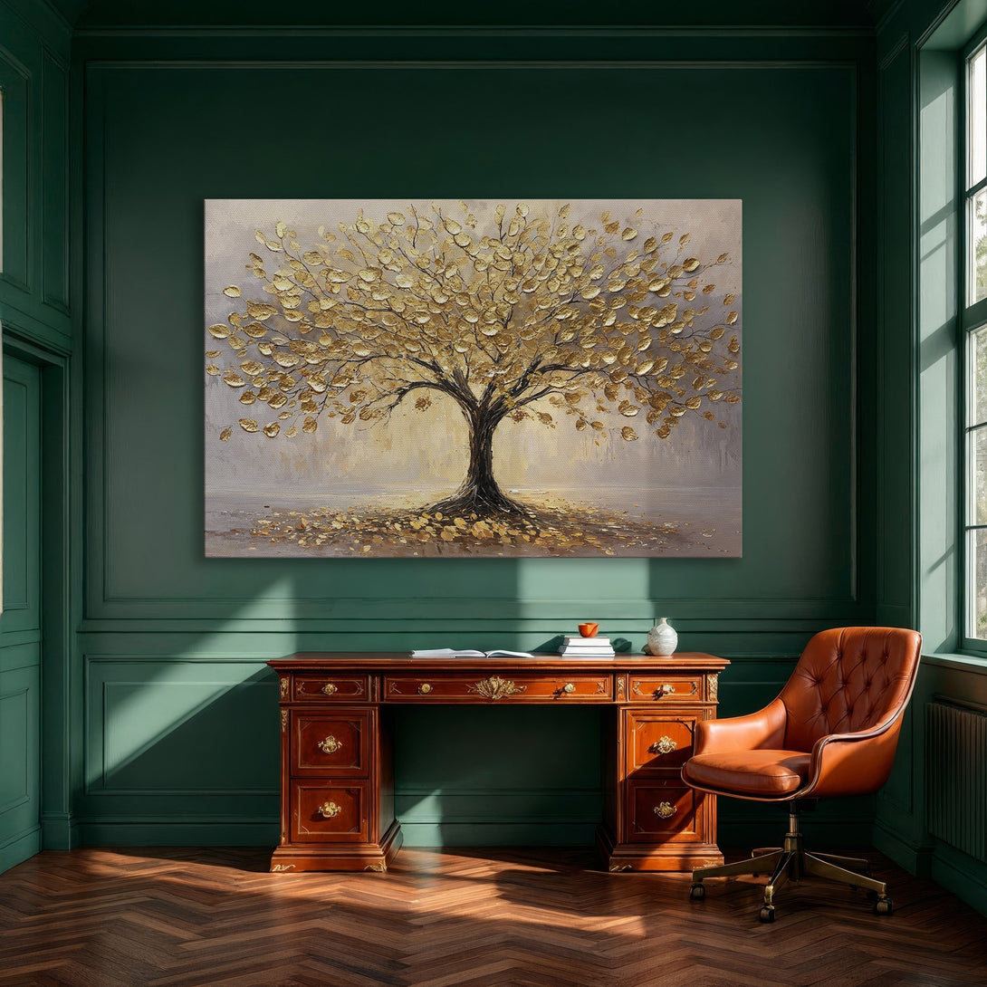 Framed Wall Art: Gold leaf tree painting in a modern dining room. Neutral palette with gold accents, perfect for elegant home decor.