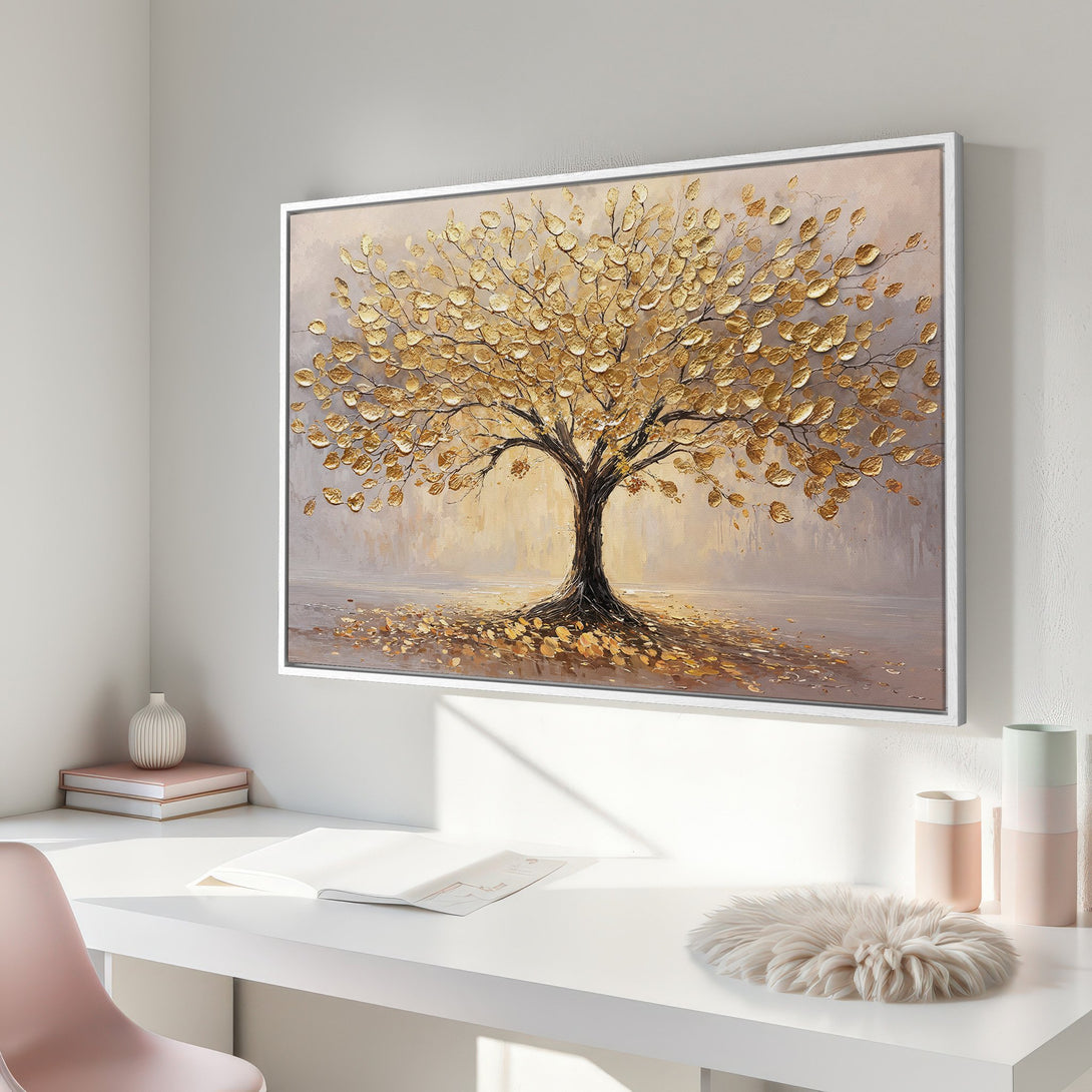 Framed Wall Art: Golden tree painting in neutral tones. Textured art adds warmth and elegance to any space. Shop now for stunning wall decor!