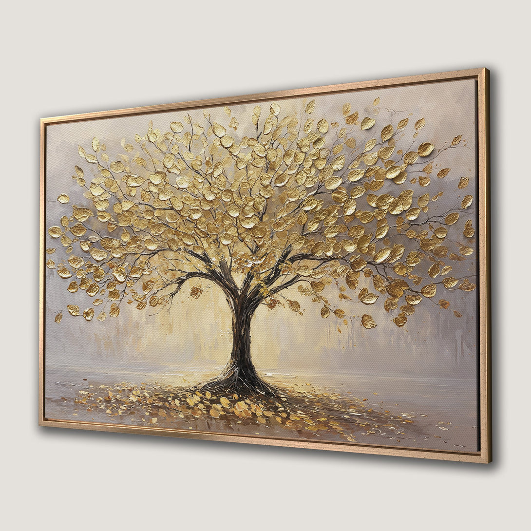 Framed Wall Art: Textured gold leaf tree painting with a neutral, warm color palette. Adds elegance to any space.