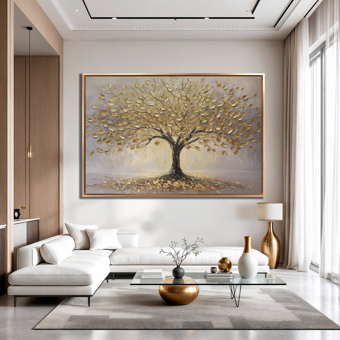 Framed Wall Art: Gold leaf tree painting. Modern decor in a neutral interior with gold and gray color palette. Elevate your space!