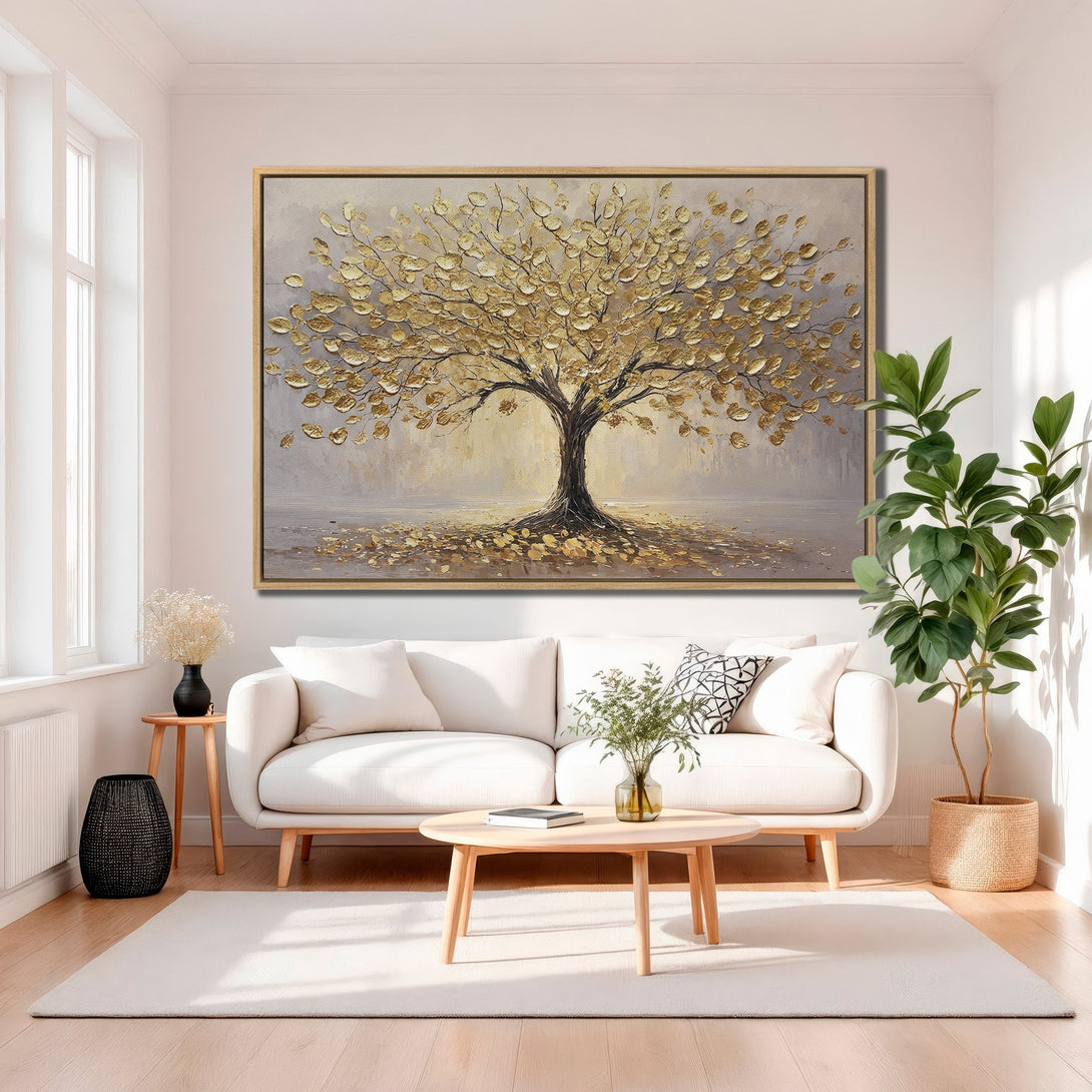 Framed Wall Art of a golden tree painting in a modern living room. Neutral color palette, perfect for adding a touch of elegance to your home decor.