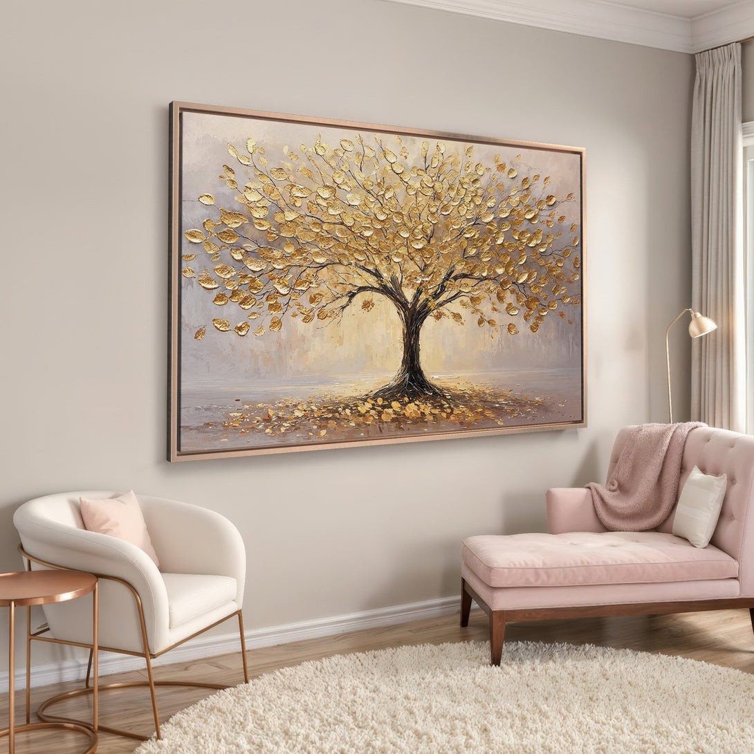 Framed Wall Art: Golden tree canvas print in a modern interior. Warm, neutral color palette with gold accents. Perfect for living room decor.