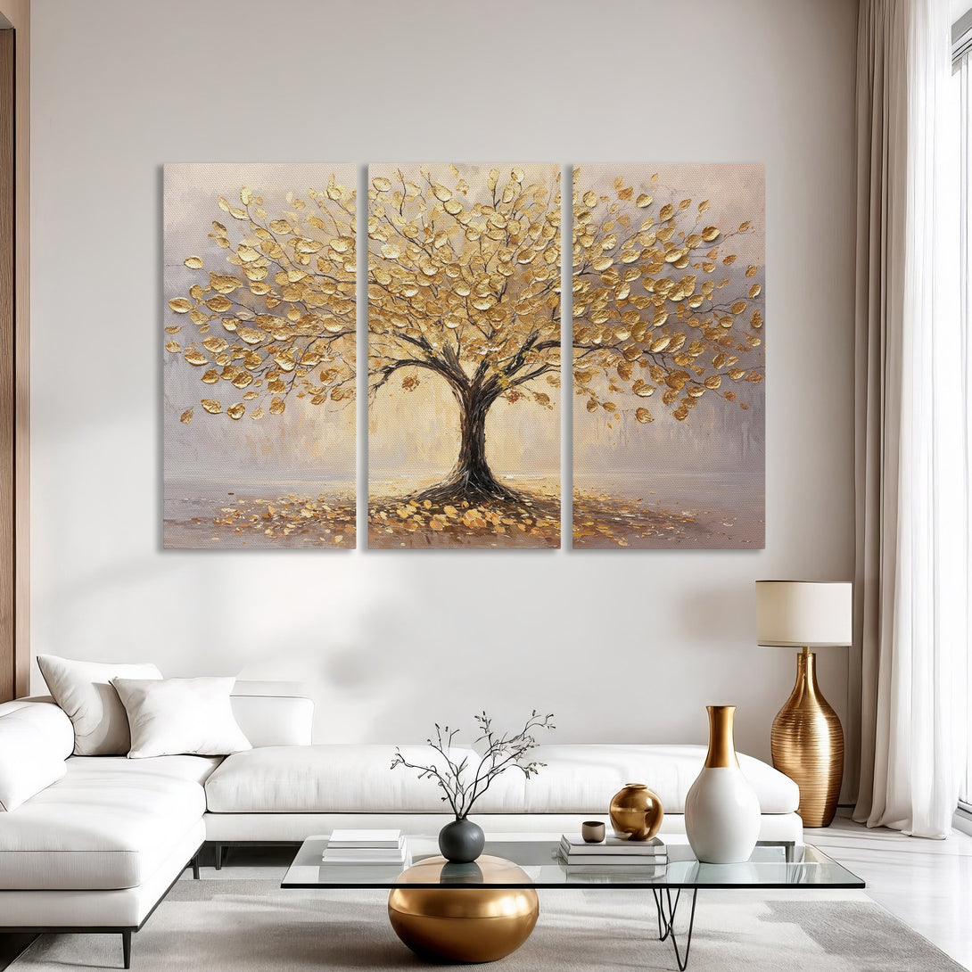 Canvas Print of a golden tree painting in a modern interior. Textured art with gold and neutral color palette, perfect for living room decor.