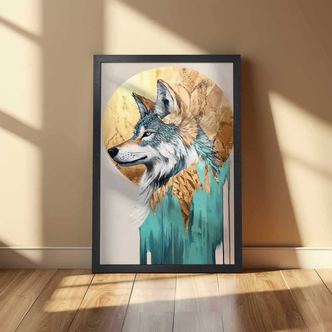 Framed Poster featuring a wolf in a modern, abstract style with teal, gold, and neutral tones. Perfect wall art for any room!
