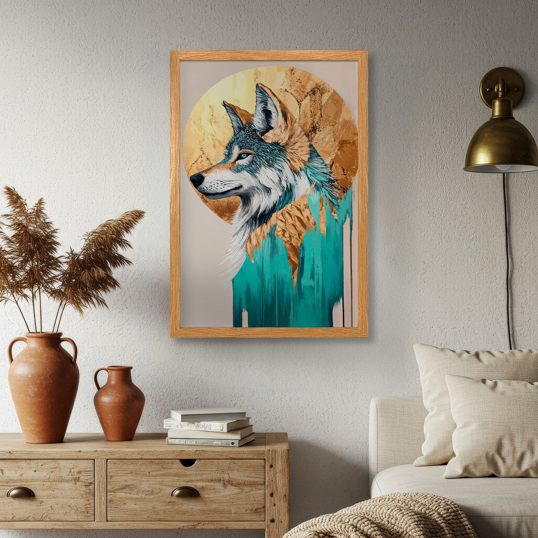 Framed Poster featuring a wolf in a modern, artistic style with teal, gold, and neutral tones. Perfect wall art decor.