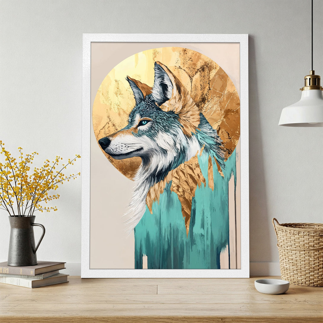 Framed Poster featuring a majestic wolf, abstract style, gold & teal color palette, perfect wall art.