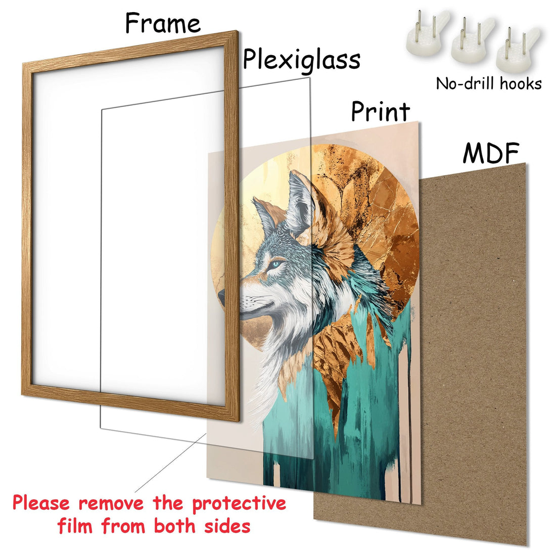 Framed Poster featuring a wolf, abstract style, with teal, gold, and neutral tones. Perfect wall art!