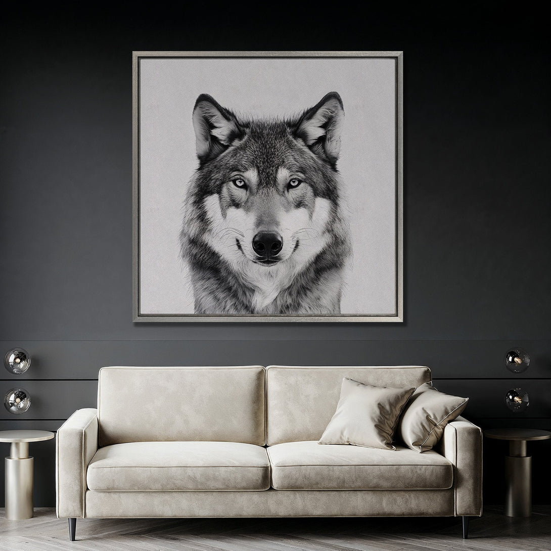 Framed Wall Art: Stunning black and white wolf portrait canvas print. Modern, minimalist style with a neutral color palette. Perfect for any home decor.