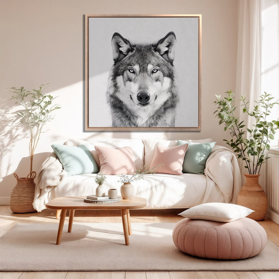 Framed Wall Art: Black and white wolf portrait in a cozy living room. Neutral color palette with pastel pink and blue accents. Modern home decor.