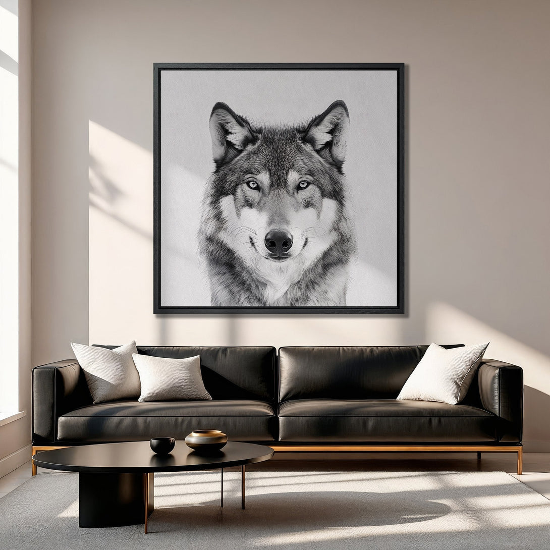 Framed Wall Art: Stunning black and white wolf portrait Canvas Print. Modern, minimalist style with neutral color palette, perfect for any living room.