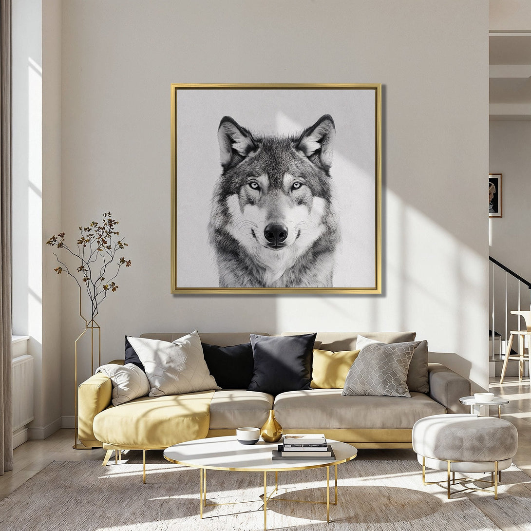 Canvas Print of a majestic wolf portrait in grayscale. Modern wall art with a striking black, white, and gray color palette. Perfect for any room!