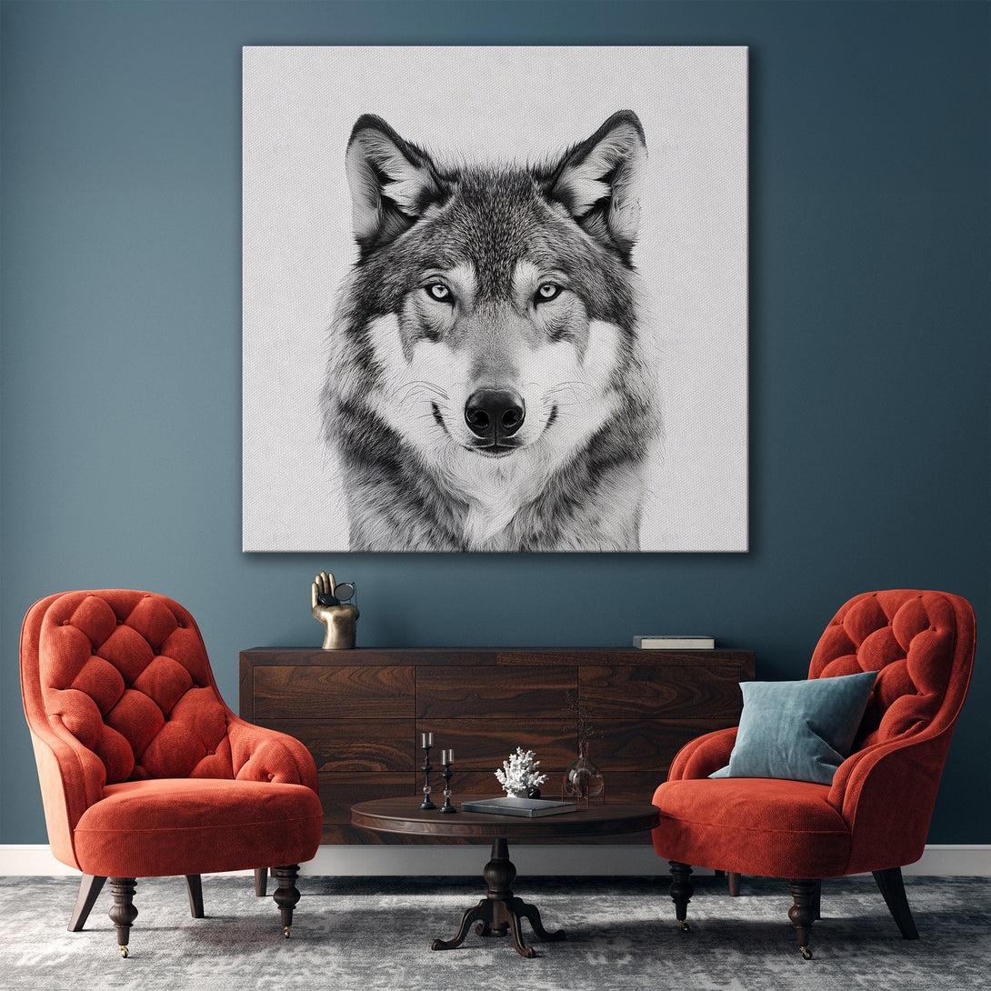 Framed Wall Art: Stunning black and white wolf portrait canvas print. Modern decor with neutral and gold color palette. Elevate your space!