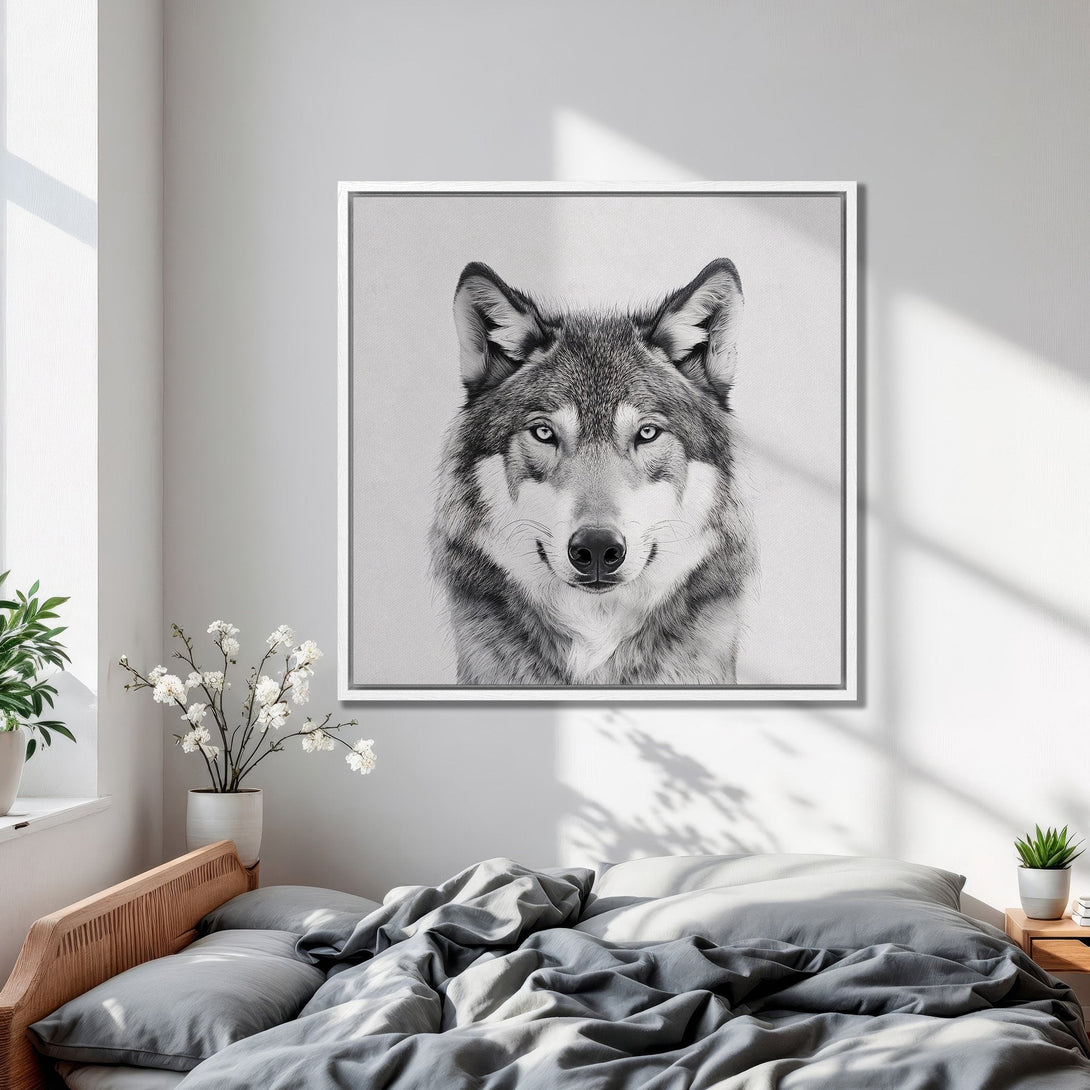 Framed Wall Art: Majestic wolf portrait in black and white. Modern, minimalist style. Perfect for bedroom decor. Neutral color palette.