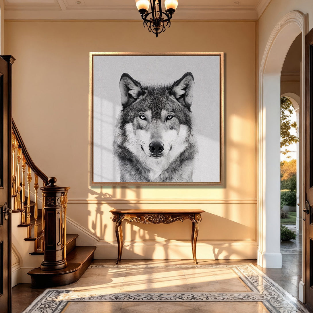 Framed Wall Art featuring a striking black and white wolf portrait. Modern Canvas Print in a neutral, elegant interior, perfect for adding a touch of wildlife to your home decor.