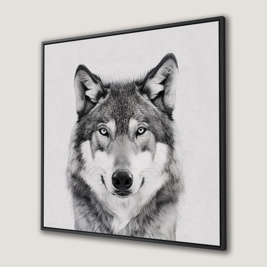 Framed Wall Art: Stunning black and white wolf portrait. Add a touch of wilderness to your decor with this captivating Canvas Print.