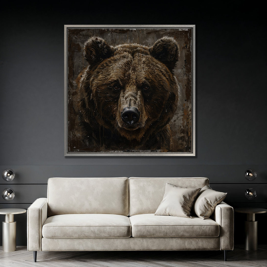 Framed Wall Art: Grizzly bear portrait in a rustic style. Earthy brown tones create a bold statement piece for your home. Elevate your decor today!
