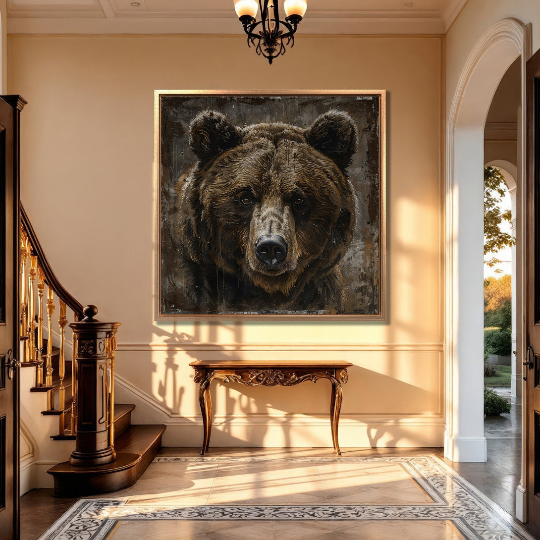 Framed Wall Art: Grizzly bear portrait in a warm, neutral-toned interior. Rustic style canvas print with brown and beige color palette. Elevate your space!