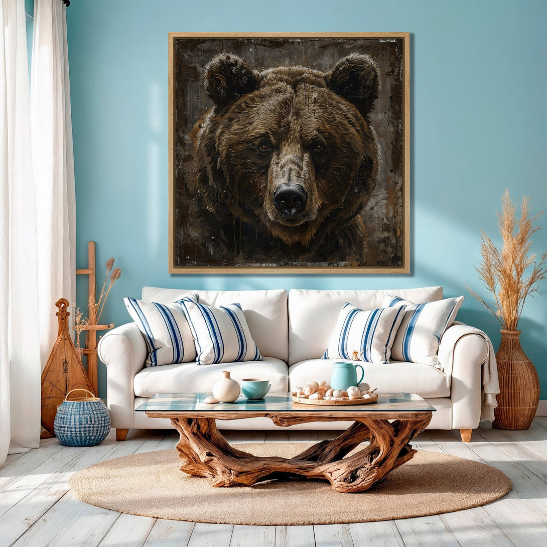 Framed Wall Art: Grizzly bear portrait in brown tones. Rustic style Canvas Print adds a touch of nature to any room. Earthy palette complements coastal decor.