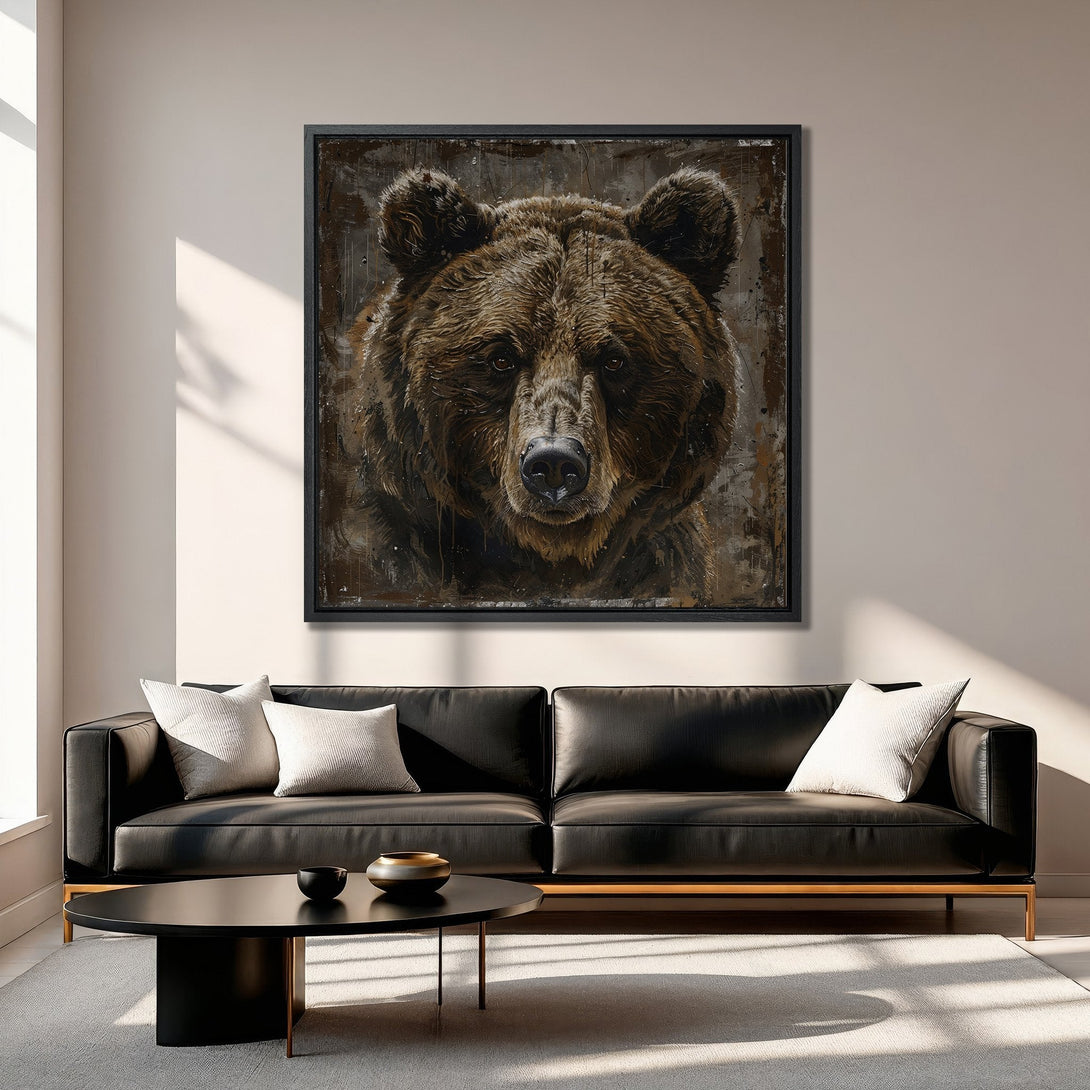 Framed Wall Art of a majestic bear, painted in a textured, expressive style. Earthy brown tones create a warm, inviting ambiance. Perfect for any space!