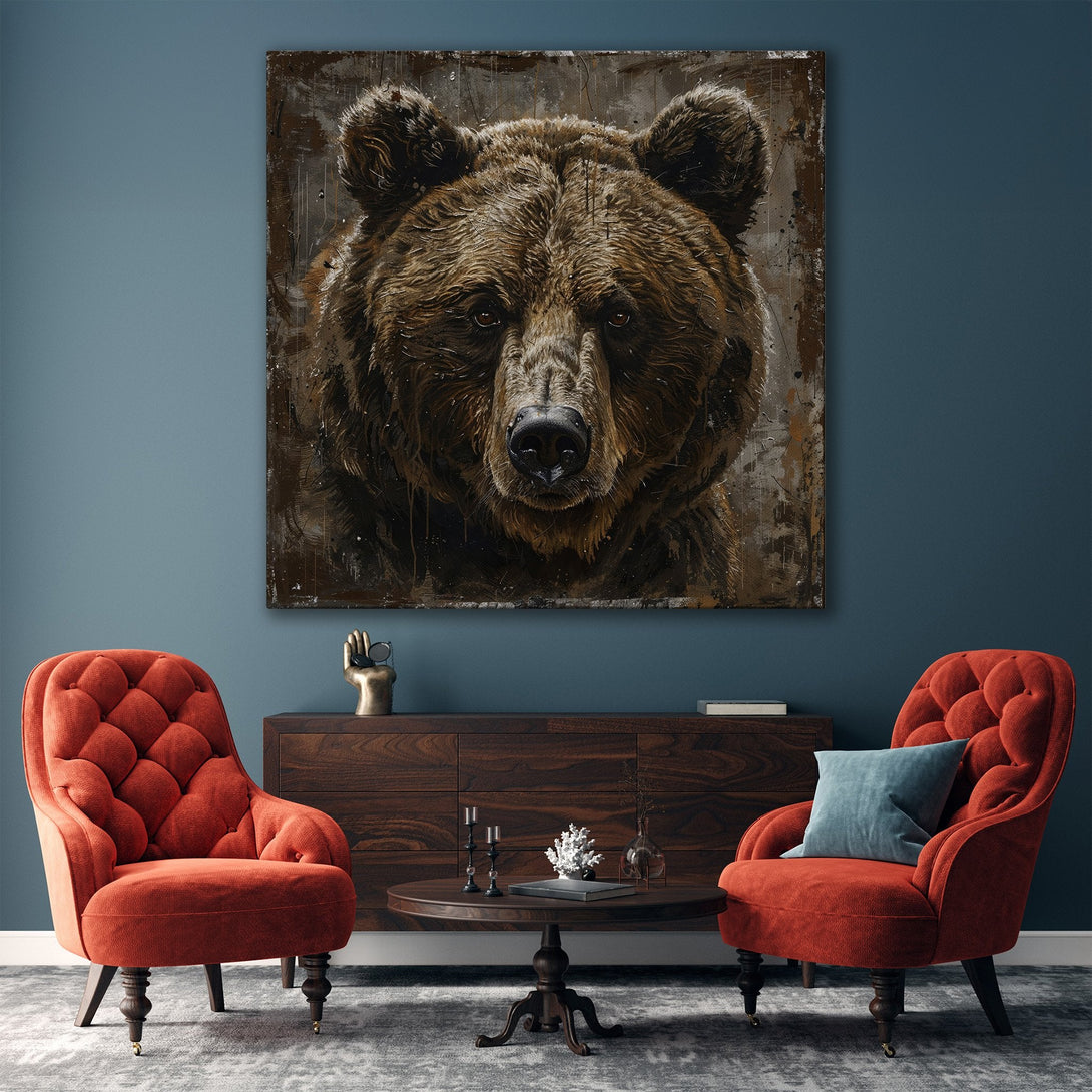 Framed Wall Art: Grizzly bear portrait in warm brown tones. Rustic, textured art print for a modern living room. Elevate your space with this stunning canvas print.