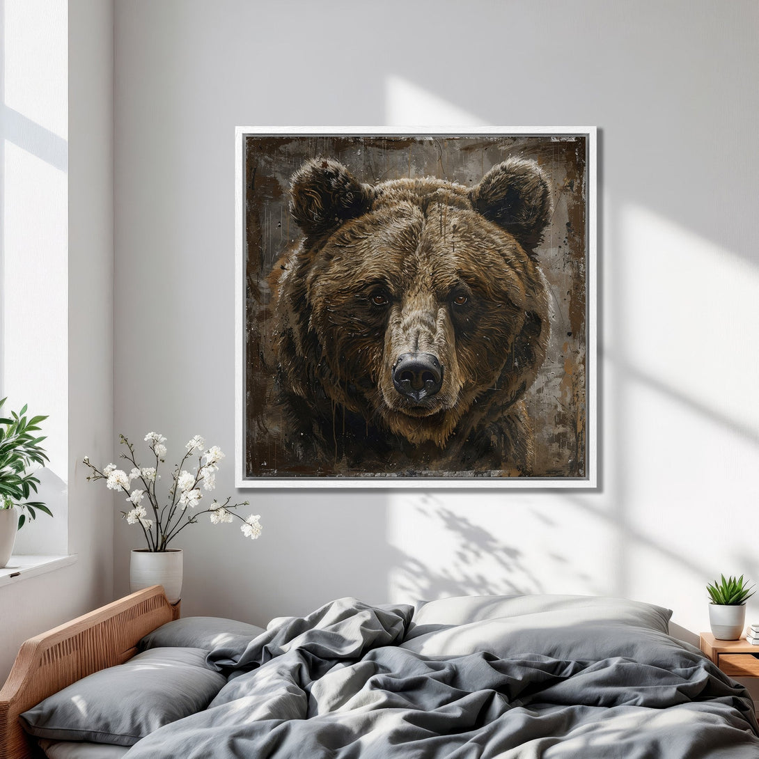 Framed Wall Art featuring a majestic bear portrait. Rustic style with a warm brown and neutral color palette. Perfect for adding a touch of nature to your space.