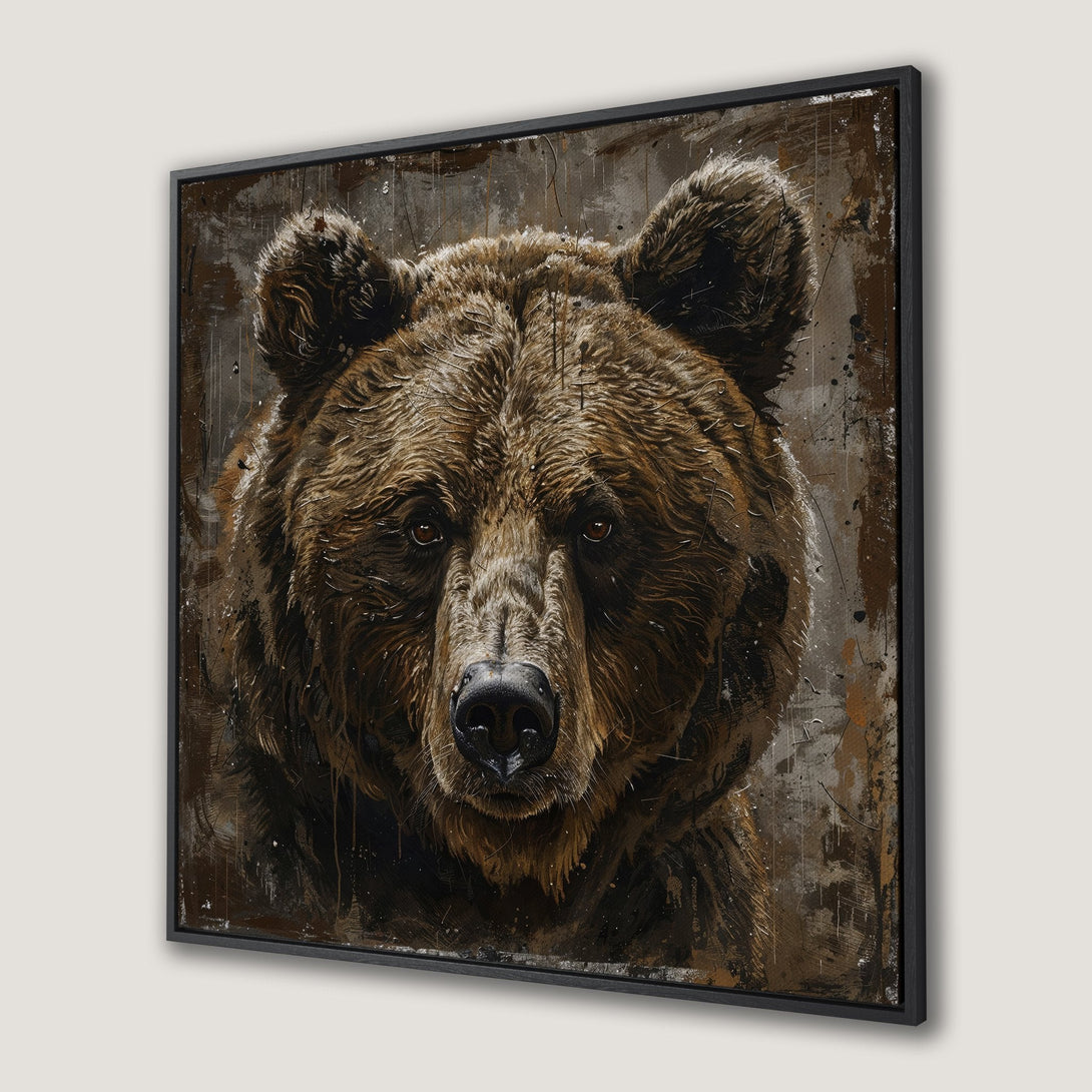 Framed Wall Art: Grizzly bear portrait in a rustic, painterly style. Earth-toned color palette. Add a touch of wilderness to your home decor!
