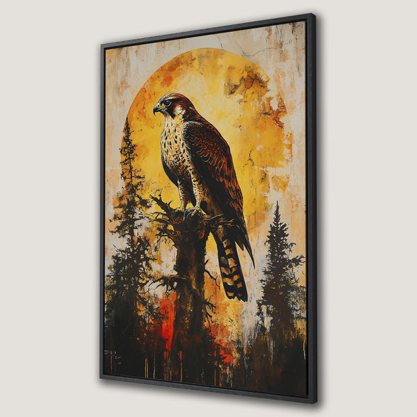 Framed Wall Art featuring a majestic bird perched on a branch. Dark, moody color palette with gold accents. Perfect nature-inspired decor.