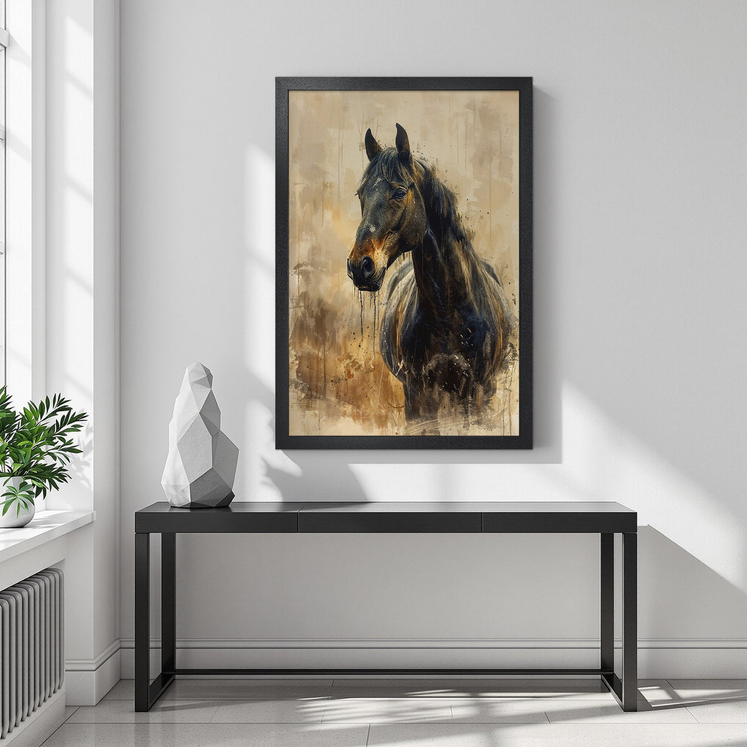 Framed Poster of a majestic horse in watercolor style, featuring a warm, earthy color palette. Perfect wall art for any space!