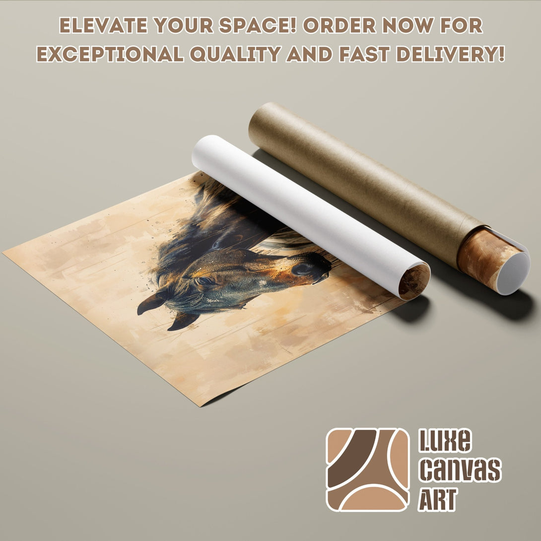Poster Roll featuring a horse portrait in a watercolor style, with a neutral color palette. Elevate your space with Luxe Canvas Art!