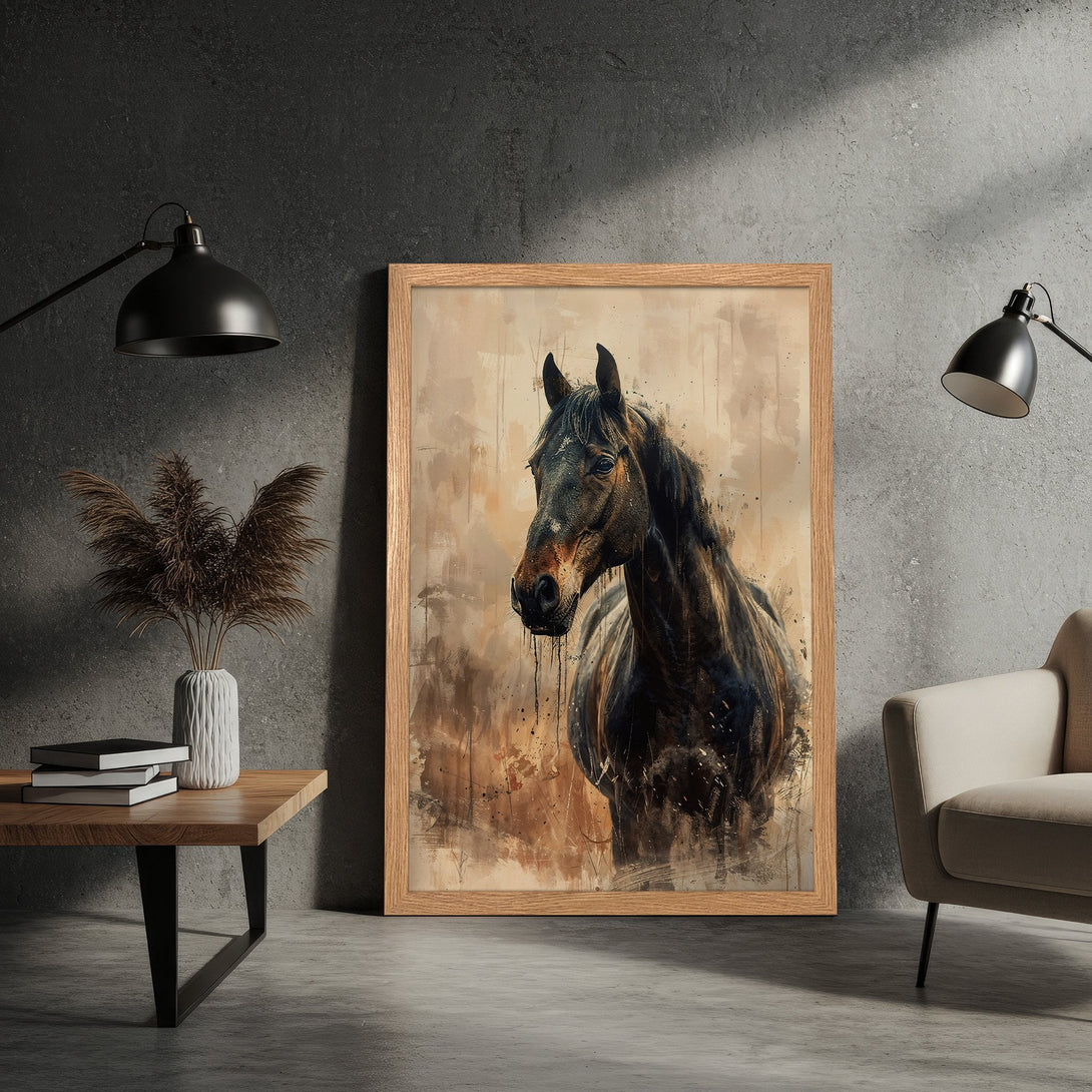 Framed Poster of a majestic horse in watercolor style, featuring a brown and beige color palette. Perfect wall art for any space!