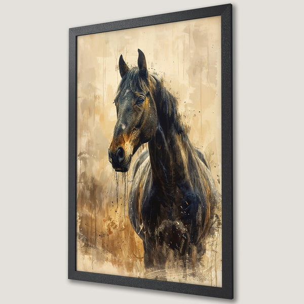 Framed Poster of a majestic horse in watercolor style. Earthy tones of brown and gold create a warm, artistic aesthetic. Perfect wall art!