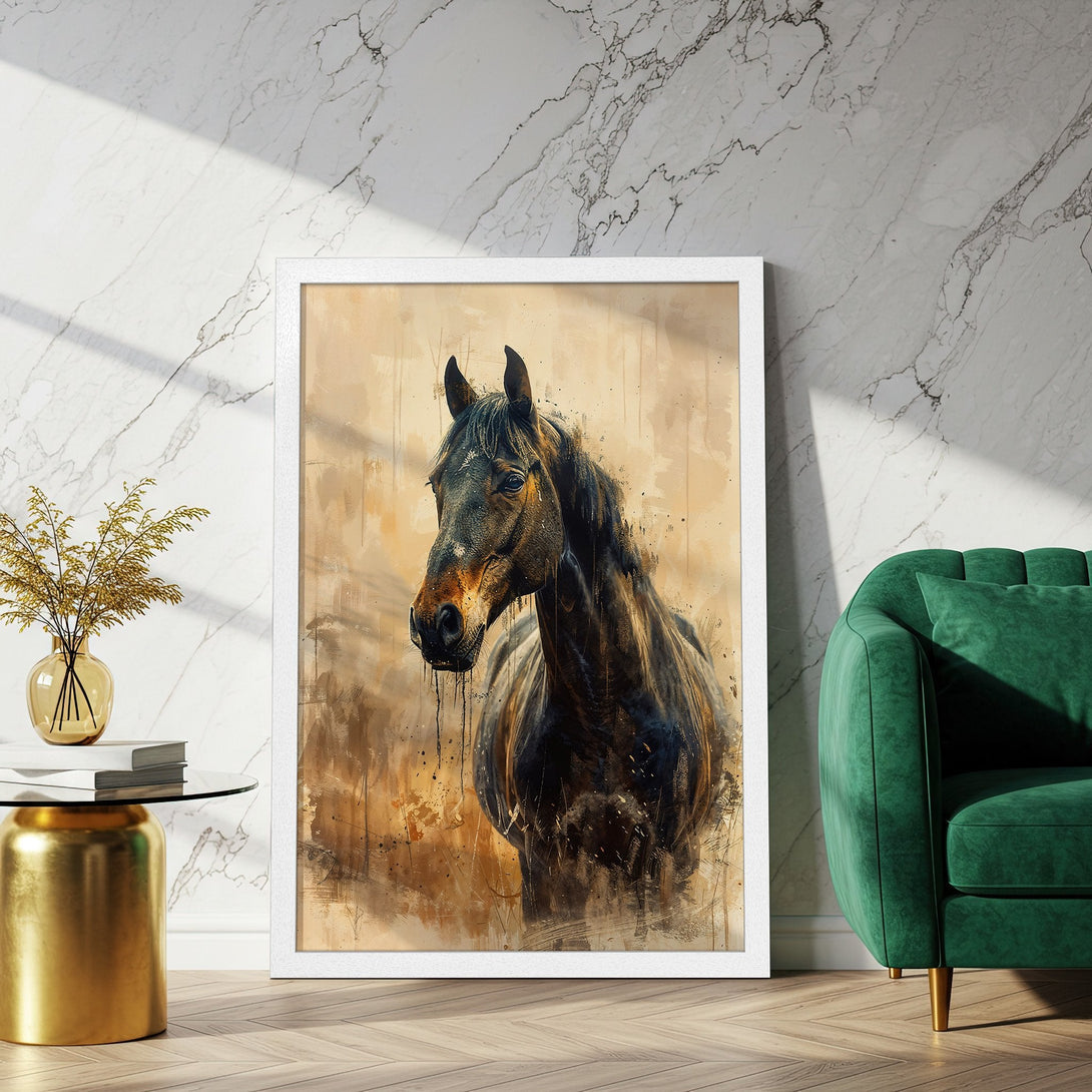 Framed Poster featuring a stunning horse art print. Watercolor style, warm earth tones. Elevate your home decor with this beautiful Poster.