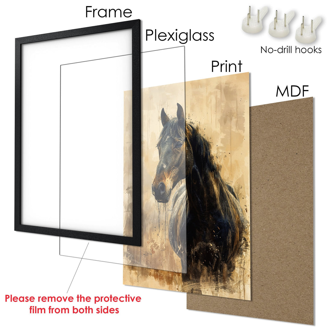 Framed Poster featuring a majestic horse in a watercolor style, with a warm, neutral color palette. Perfect wall art!