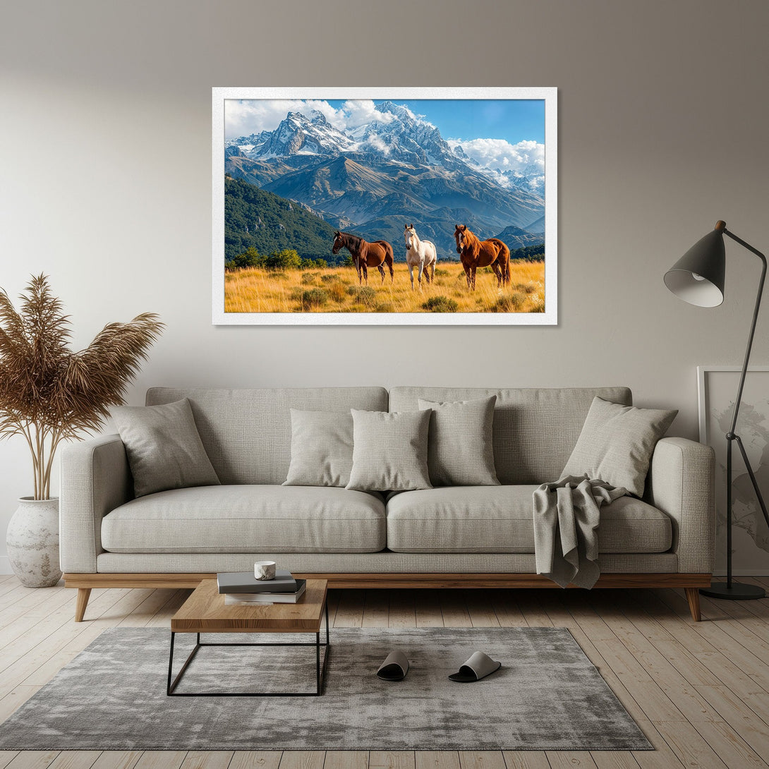 Framed Poster featuring majestic horses in a mountain landscape. Rustic style, warm color palette with browns, blues, and greens. Perfect wall art!