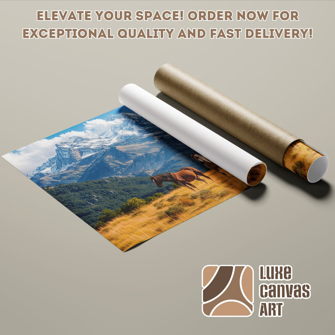 Poster Roll of horses in a mountain landscape, warm color palette. Elevate your space!