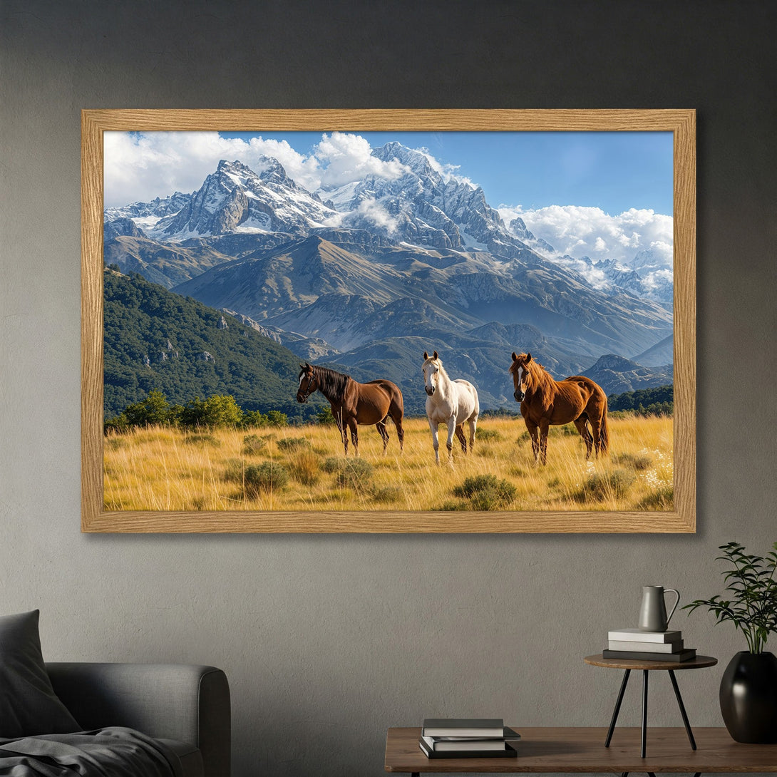 Framed Poster featuring horses in a mountain landscape. Rustic style with warm earth tones and blue sky. Perfect wall art for any home.