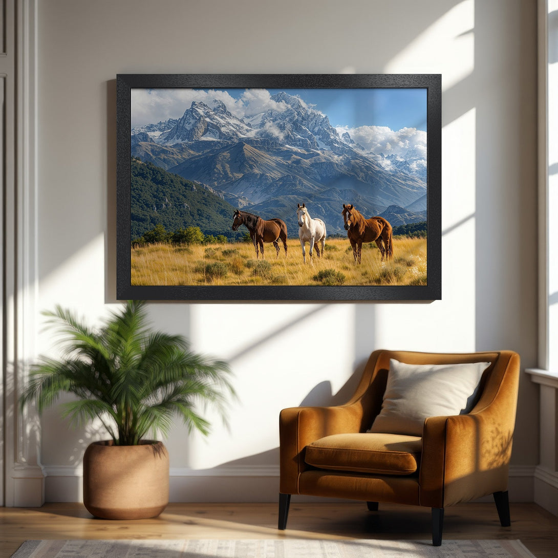Framed Poster featuring horses in a mountain landscape, natural tones, and a touch of blue. Perfect wall art for any home.