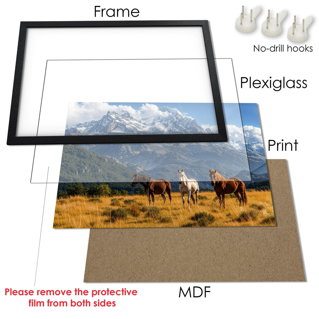 Framed Poster featuring horses in a mountain landscape. Earthy tones and natural style. Perfect wall art for your home.