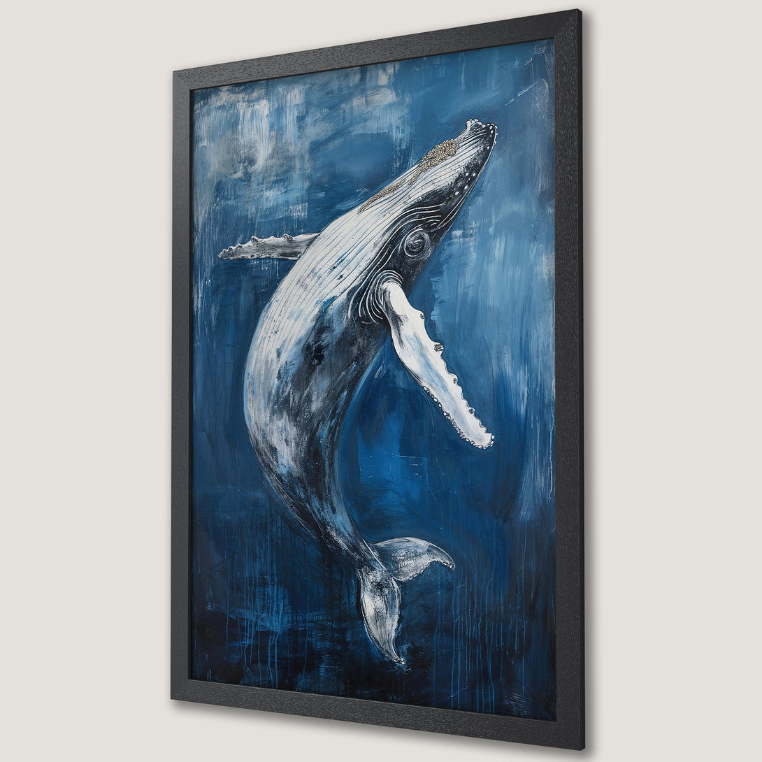 Framed Poster of a whale in an abstract, blue and white painting style. Ocean-themed art for your home.
