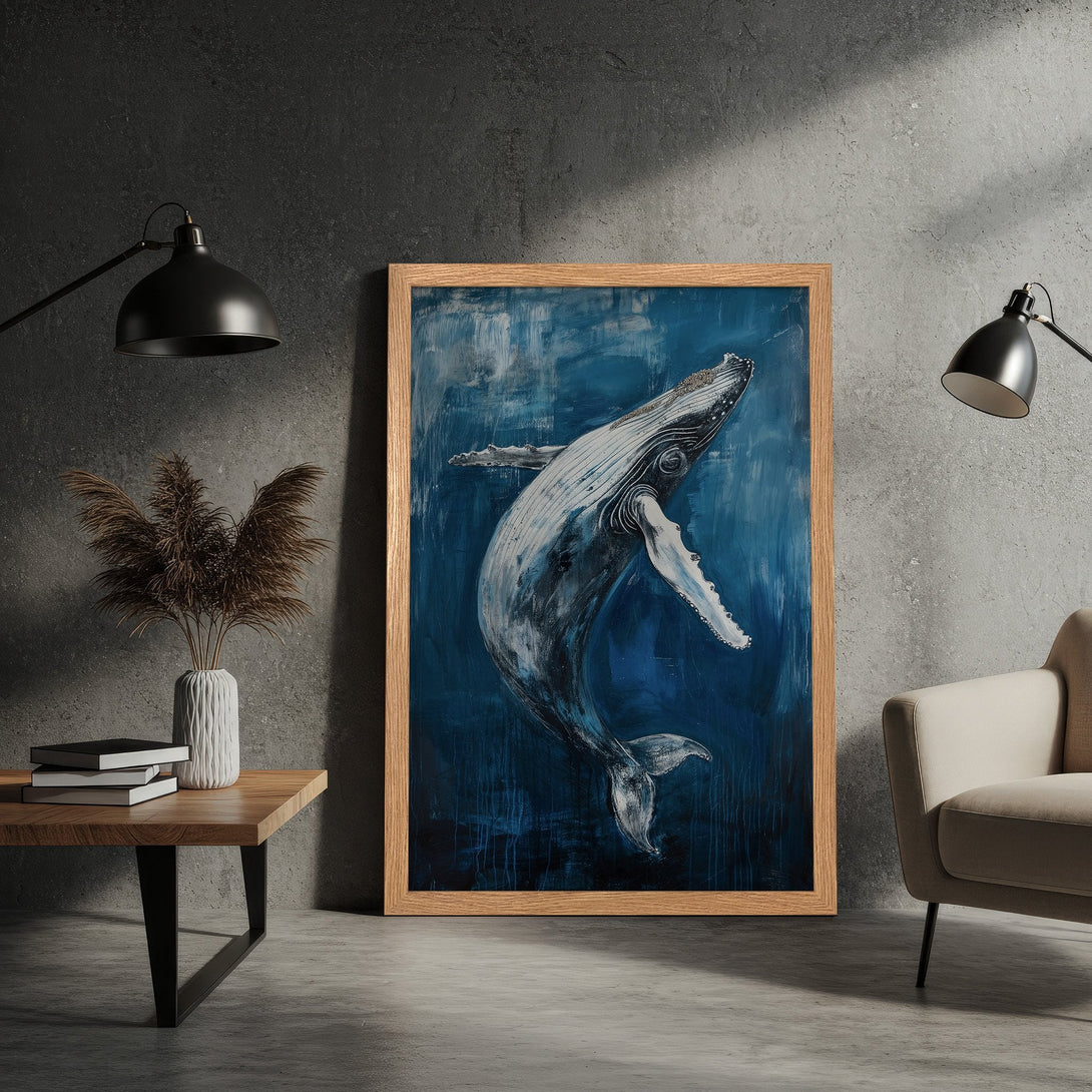 Framed Poster featuring a whale in an expressive, abstract style. Blue and white color palette, perfect for coastal decor.