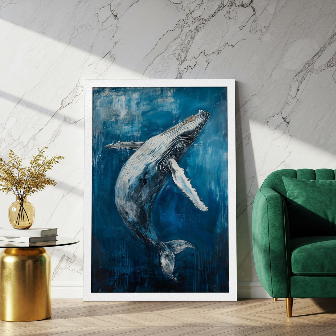 Framed Poster featuring a majestic whale in a deep blue, abstract style. Enhance your space with this stunning artwork!