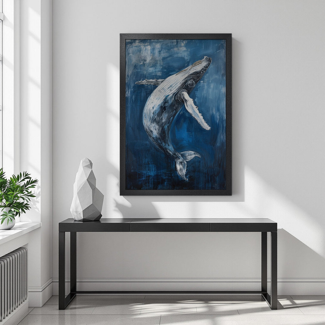 Framed Poster featuring a whale in blue abstract style. Perfect wall art for a modern home.