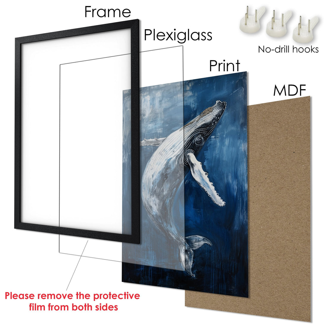 Framed Poster featuring a whale in a blue and white abstract style. Perfect wall art for your home decor.